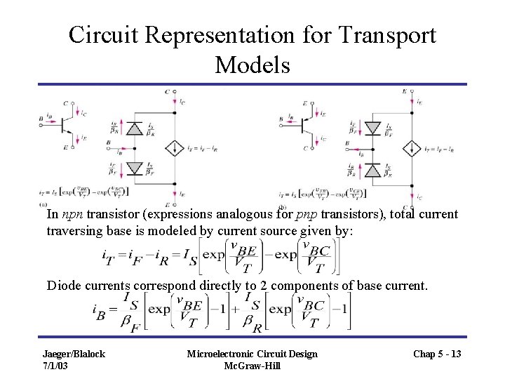 Circuit Representation for Transport Models In npn transistor (expressions analogous for pnp transistors), total Circuit Representation for Transport Models In npn transistor (expressions analogous for pnp transistors), total