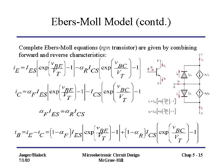 Ebers-Moll Model (contd. ) Complete Ebers-Moll equations (npn transistor) are given by combining forward