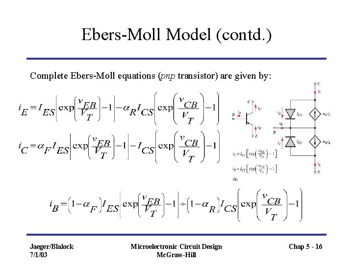 Ebers-Moll Model (contd. ) Complete Ebers-Moll equations (pnp transistor) are given by: Jaeger/Blalock 7/1/03 Ebers-Moll Model (contd. ) Complete Ebers-Moll equations (pnp transistor) are given by: Jaeger/Blalock 7/1/03