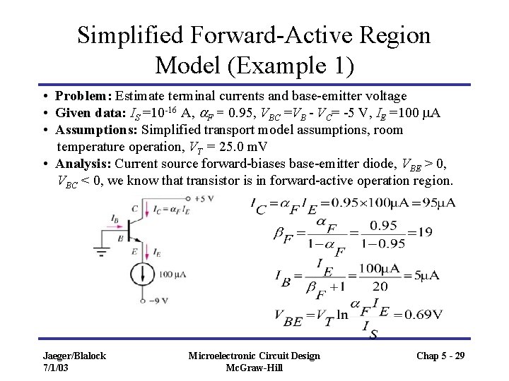 Simplified Forward-Active Region Model (Example 1) • Problem: Estimate terminal currents and base-emitter voltage