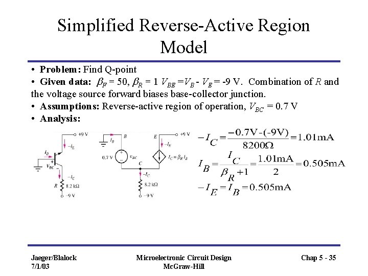 Simplified Reverse-Active Region Model • Problem: Find Q-point • Given data: b. F =