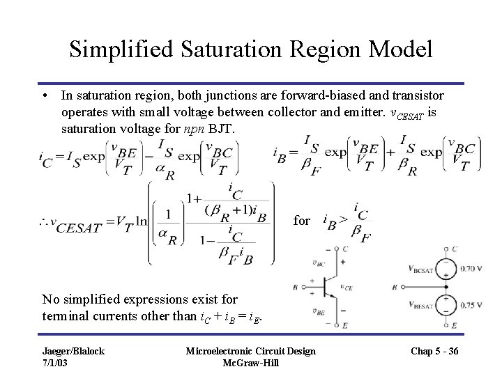 Simplified Saturation Region Model • In saturation region, both junctions are forward-biased and transistor Simplified Saturation Region Model • In saturation region, both junctions are forward-biased and transistor