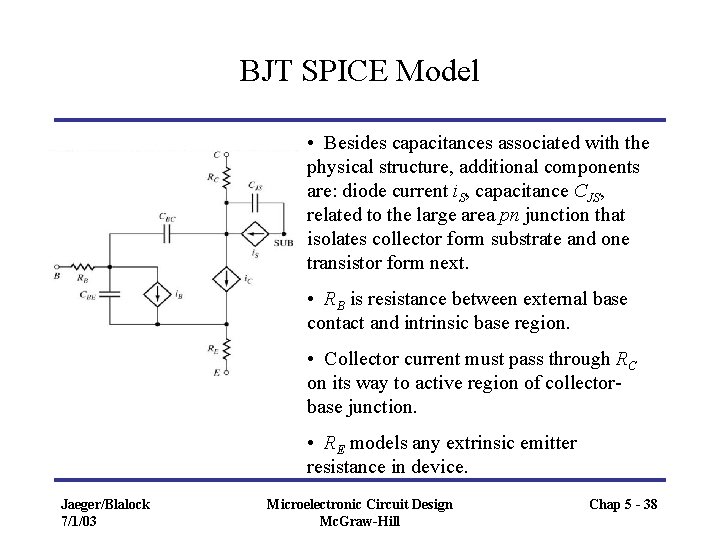 BJT SPICE Model • Besides capacitances associated with the physical structure, additional components are: BJT SPICE Model • Besides capacitances associated with the physical structure, additional components are: