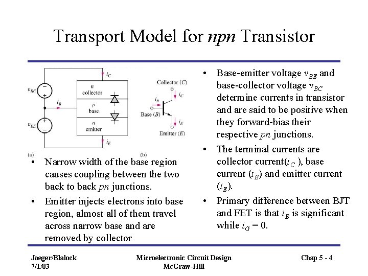 Transport Model for npn Transistor • Narrow width of the base region causes coupling