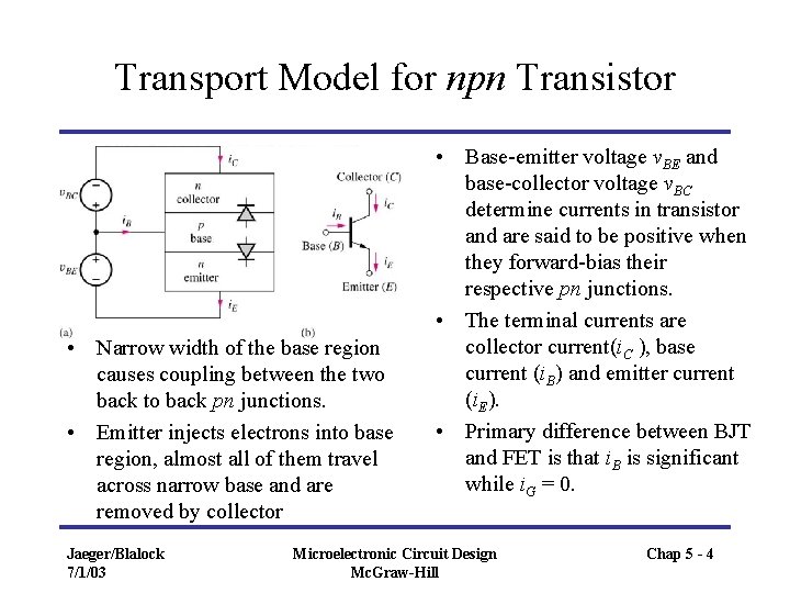 Transport Model for npn Transistor • Narrow width of the base region causes coupling Transport Model for npn Transistor • Narrow width of the base region causes coupling
