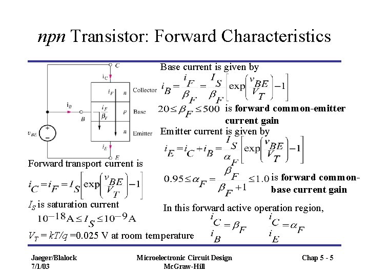 npn Transistor: Forward Characteristics Base current is given by is forward common-emitter current gain npn Transistor: Forward Characteristics Base current is given by is forward common-emitter current gain