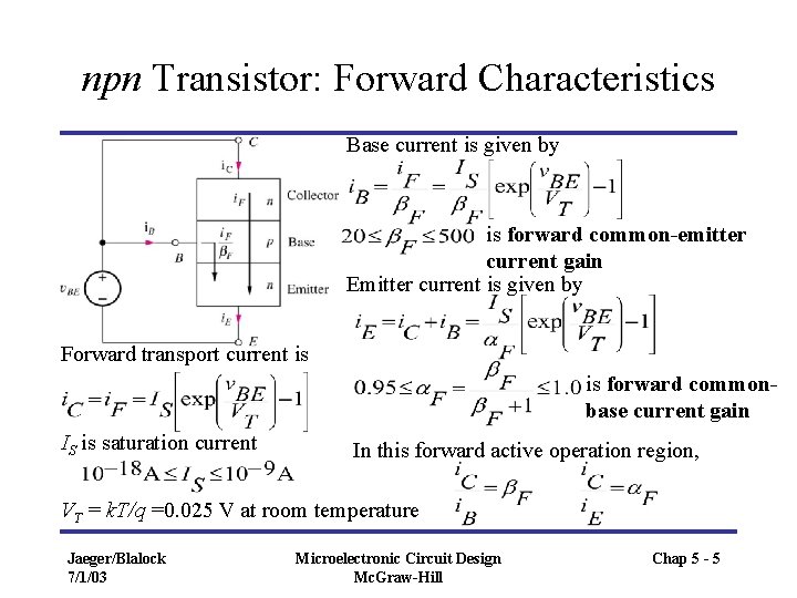 npn Transistor: Forward Characteristics Base current is given by is forward common-emitter current gain