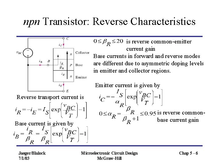 npn Transistor: Reverse Characteristics is reverse common-emitter current gain Base currents in forward and