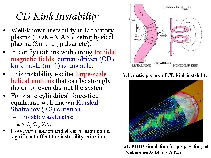 CD Kink Instability • Well-known instability in laboratory plasma (TOKAMAK), astrophysical plasma (Sun, jet,