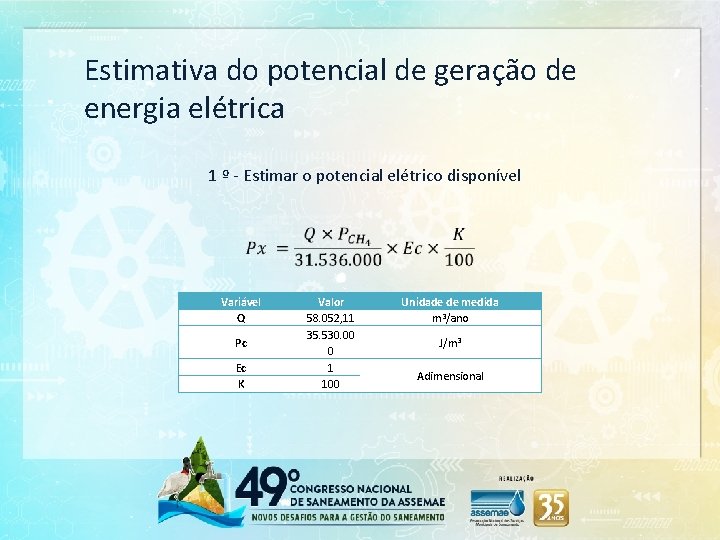 Estimativa do potencial de geração de energia elétrica 1 º - Estimar o potencial