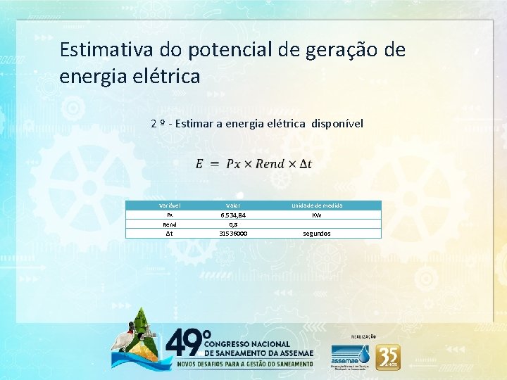 Estimativa do potencial de geração de energia elétrica 2 º - Estimar a energia