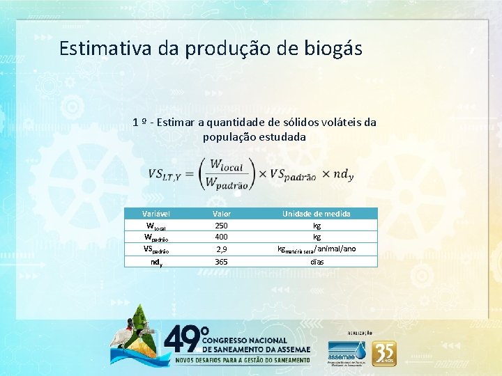 Estimativa da produção de biogás 1 º - Estimar a quantidade de sólidos voláteis