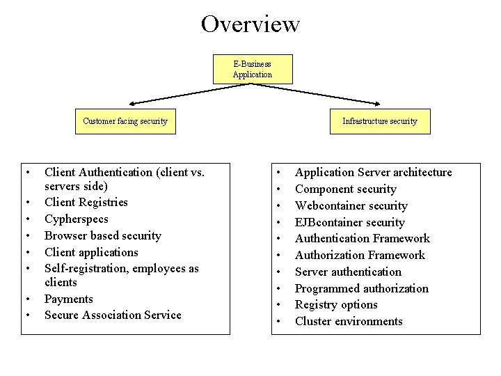 Overview E-Business Application Customer facing security • • Client Authentication (client vs. servers side)