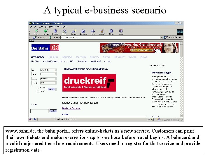A typical e-business scenario www. bahn. de, the bahn portal, offers online-tickets as a