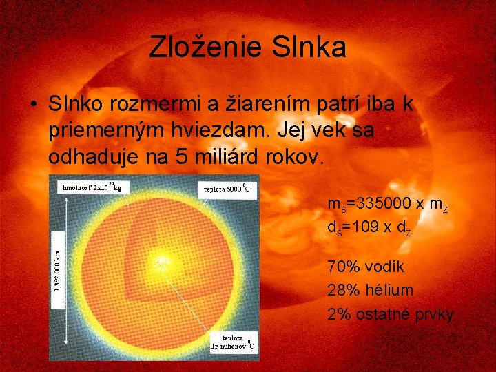 Zloženie Slnka • Slnko rozmermi a žiarením patrí iba k priemerným hviezdam. Jej vek