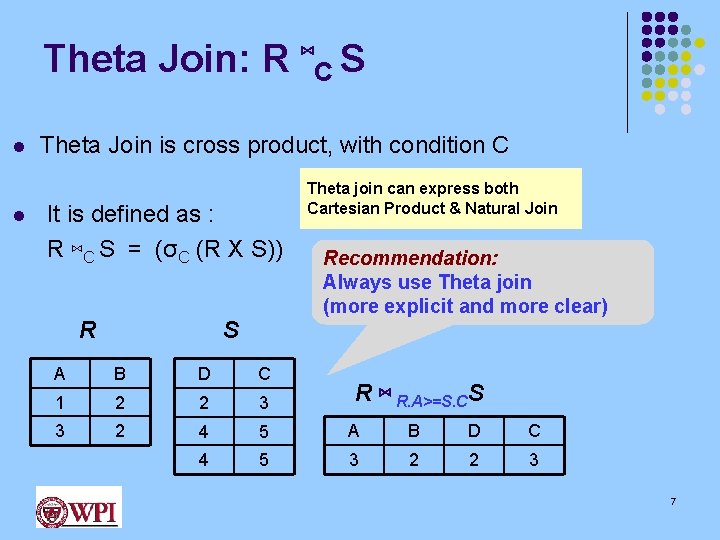 Theta Join: R ⋈C S l l Theta Join is cross product, with condition