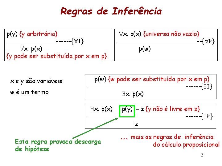 Regras de Inferência p(y) {y arbitrária} ------{ I} x. p(x) {y pode ser substituída