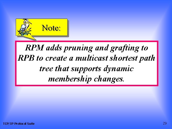 Note: RPM adds pruning and grafting to RPB to create a multicast shortest path