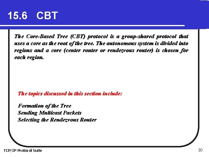 15. 6 CBT The Core-Based Tree (CBT) protocol is a group-shared protocol that uses 15. 6 CBT The Core-Based Tree (CBT) protocol is a group-shared protocol that uses