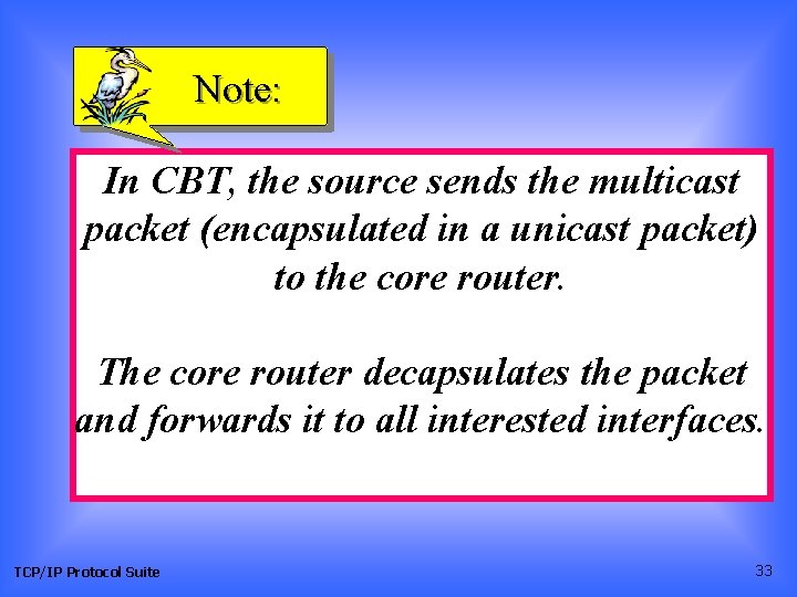 Note: In CBT, the source sends the multicast packet (encapsulated in a unicast packet)