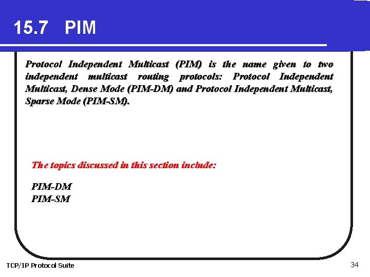 15. 7 PIM Protocol Independent Multicast (PIM) is the name given to two independent