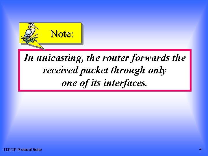 Note: In unicasting, the router forwards the received packet through only one of its