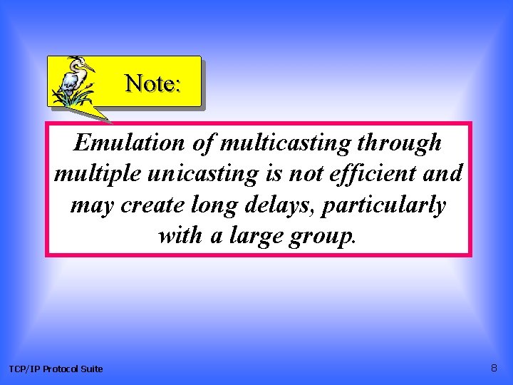 Note: Emulation of multicasting through multiple unicasting is not efficient and may create long
