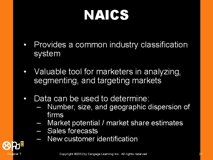 NAICS • Provides a common industry classification system • Valuable tool for marketers in