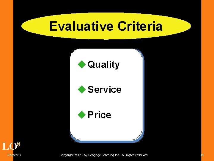 Evaluative Criteria u Quality u Service u Price LO 8 Chapter 7 Copyright ©