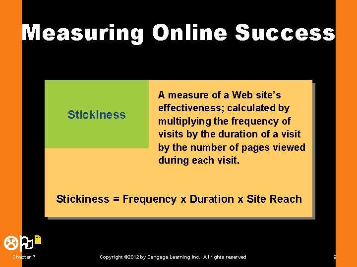 Measuring Online Success Stickiness A measure of a Web site’s effectiveness; calculated by multiplying