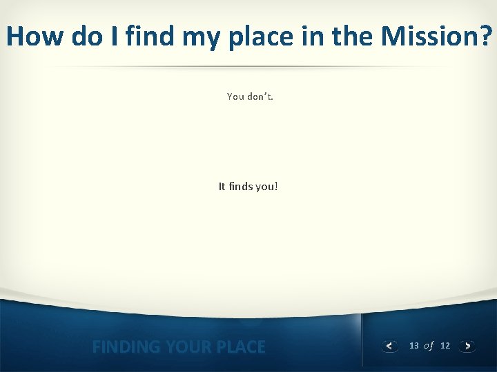 How do I find my place in the Mission? You don’t. It finds you!