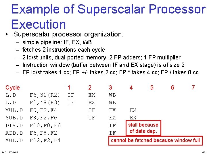 Example of Superscalar Processor Execution • Superscalar processor organization: – – – simple pipeline: