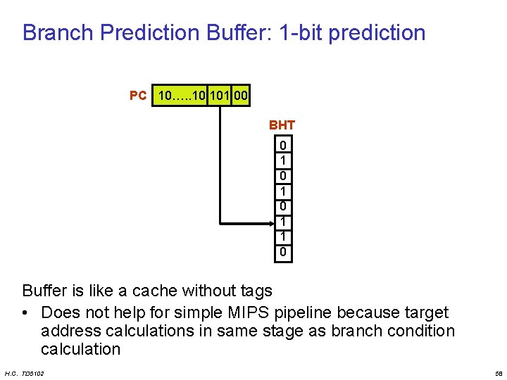 Branch Prediction Buffer: 1 -bit prediction PC 10…. . 10 101 00 BHT 0