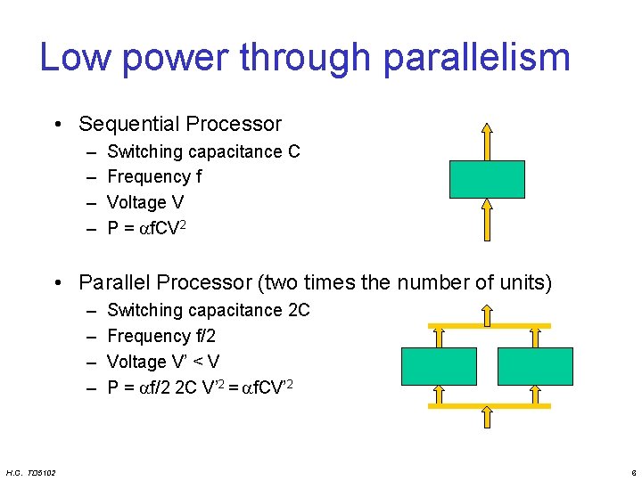 Low power through parallelism • Sequential Processor – – Switching capacitance C Frequency f