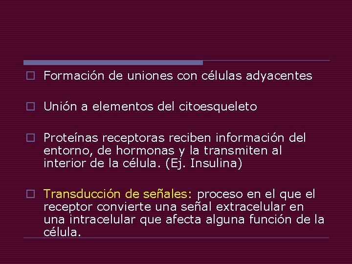 o Formación de uniones con células adyacentes o Unión a elementos del citoesqueleto o