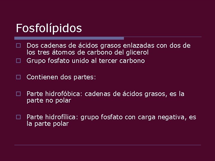 Fosfolípidos o Dos cadenas de ácidos grasos enlazadas con dos de los tres átomos