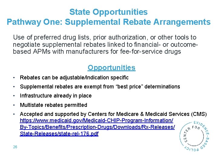 State Opportunities Pathway One: Supplemental Rebate Arrangements Use of preferred drug lists, prior authorization,