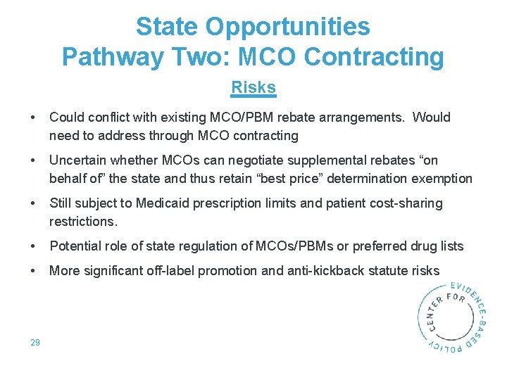 State Opportunities Pathway Two: MCO Contracting Risks • Could conflict with existing MCO/PBM rebate