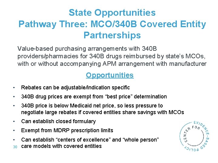 State Opportunities Pathway Three: MCO/340 B Covered Entity Partnerships Value-based purchasing arrangements with 340