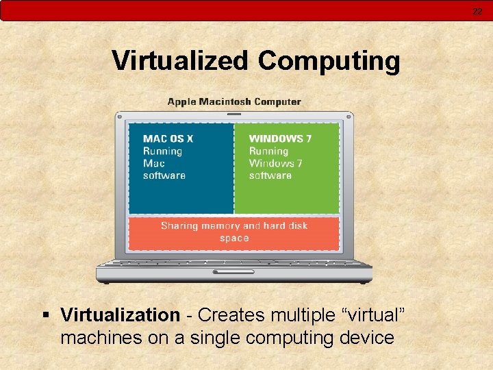 22 Virtualized Computing § Virtualization - Creates multiple “virtual” machines on a single computing
