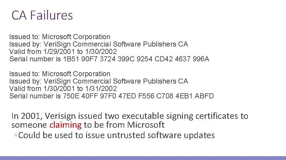 CA Failures Issued to: Microsoft Corporation Issued by: Veri. Sign Commercial Software Publishers CA