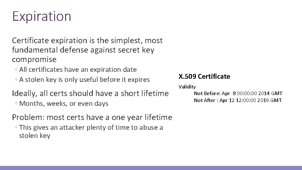 Expiration Certificate expiration is the simplest, most fundamental defense against secret key compromise ◦