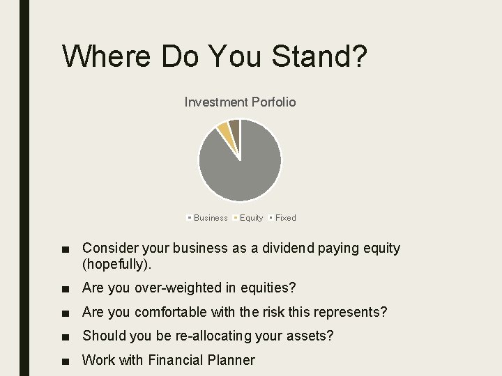 Where Do You Stand? Investment Porfolio Business Equity Fixed ■ Consider your business as
