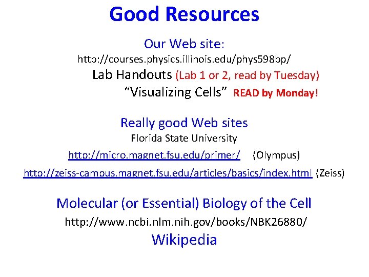 Good Resources Our Web site: http: //courses. physics. illinois. edu/phys 598 bp/ Lab Handouts