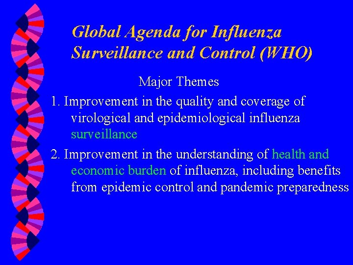 Global Agenda for Influenza Surveillance and Control (WHO) Major Themes 1. Improvement in the