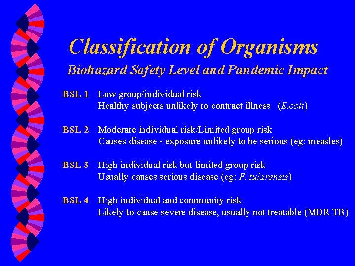 Classification of Organisms Biohazard Safety Level and Pandemic Impact BSL 1 Low group/individual risk