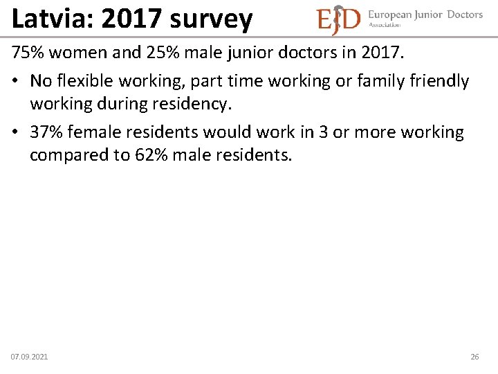 Latvia: 2017 survey 75% women and 25% male junior doctors in 2017. • No