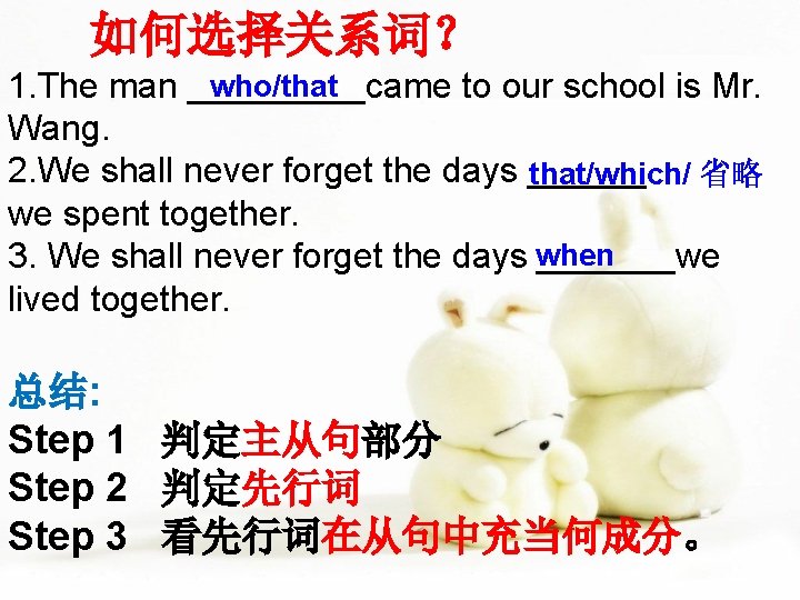 如何选择关系词？ who/that 1. The man _____came to our school is Mr. Wang. 2. We