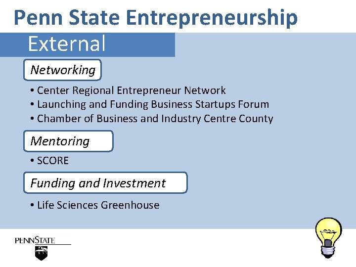 Penn State Entrepreneurship External Networking • Center Regional Entrepreneur Network • Launching and Funding