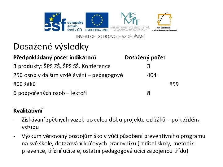 Dosažené výsledky Předpokládaný počet indikátorů Dosažený počet 3 produkty: ŠPS ZŠ, ŠPS SŠ, Konference